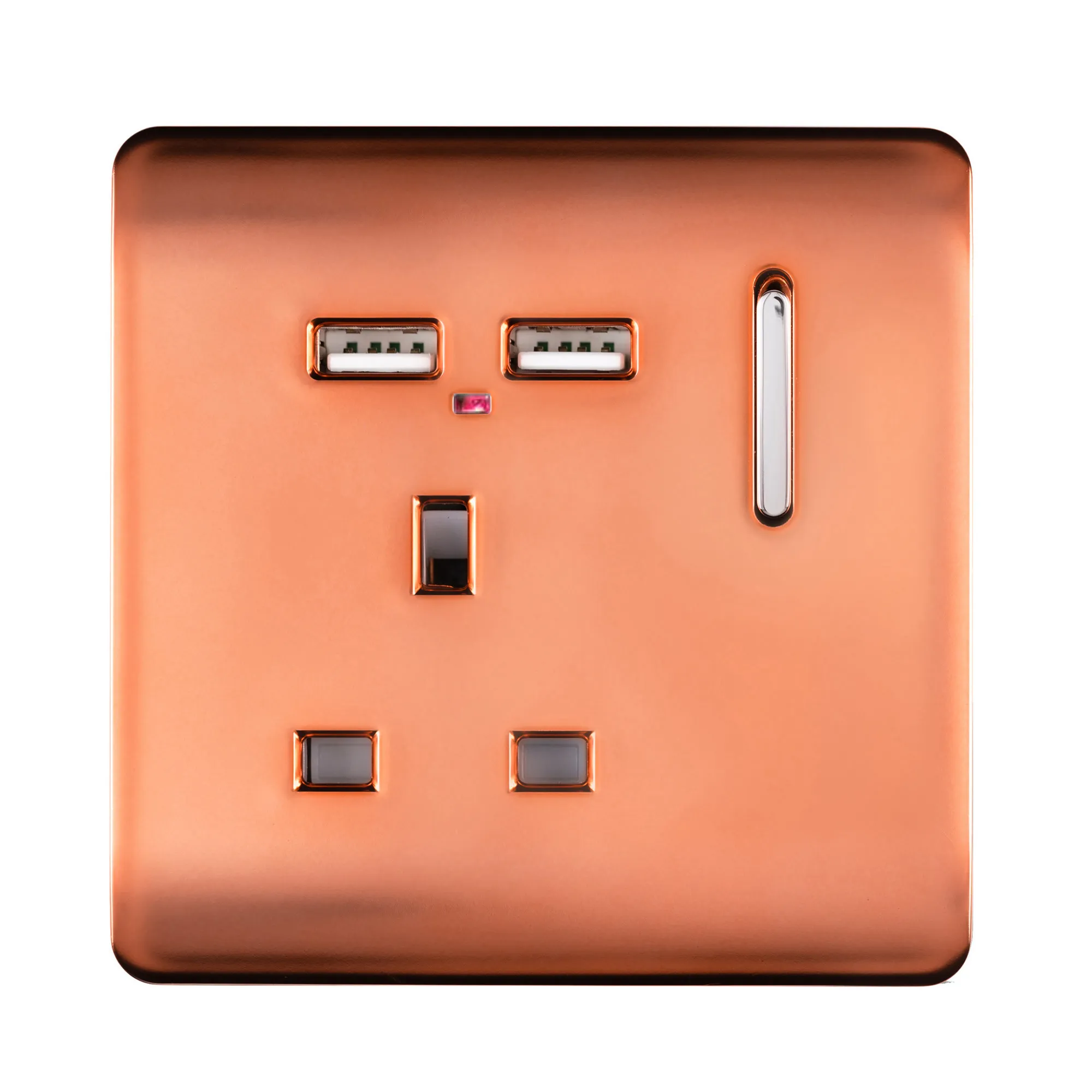 1 Gang Switched Single Socket 13A With 2 x USB-A 10W (Shared) With Neon Insert Copper ART-SKT13USBCPR  Trendi Copper